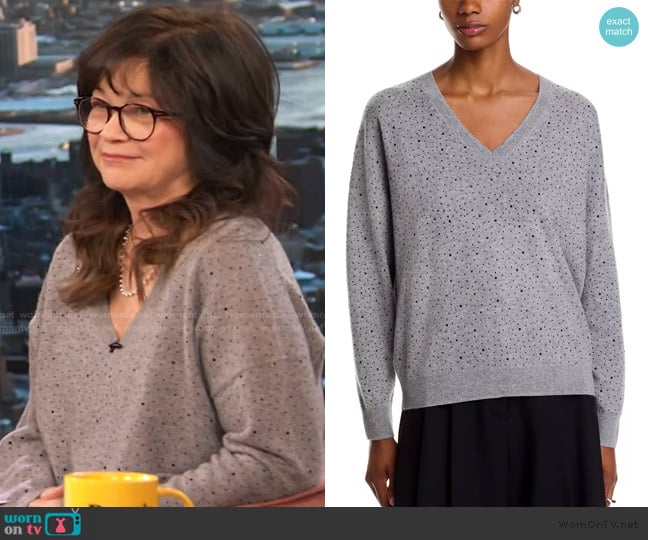 C by Bloomingdales Cashmere V Neck Crystal Sweater worn by Valerie Bertinelli on The Drew Barrymore Show