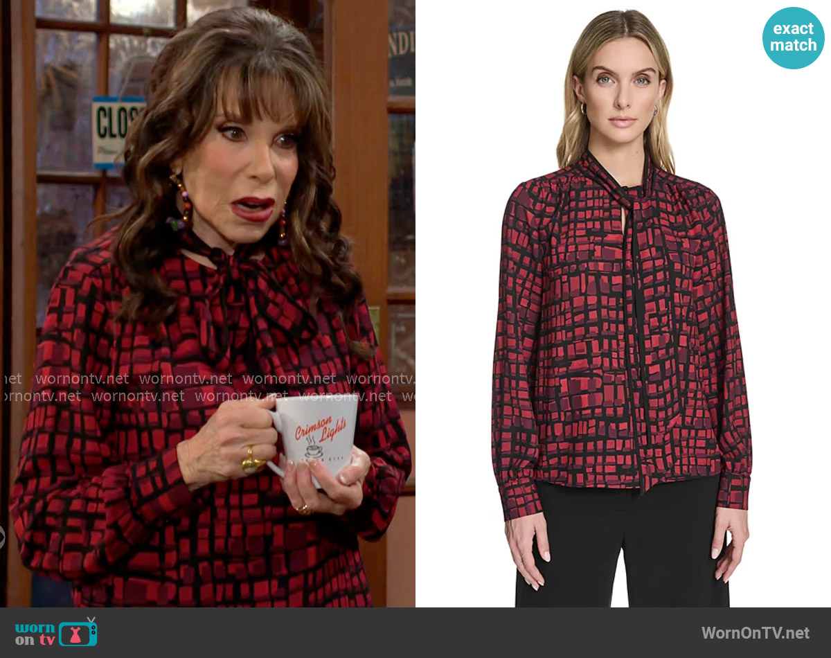 Calvin Klein Tie-Front Printed Blouse in Cranberry Multi worn by Esther Valentine (Kate Linder) on The Young and the Restless