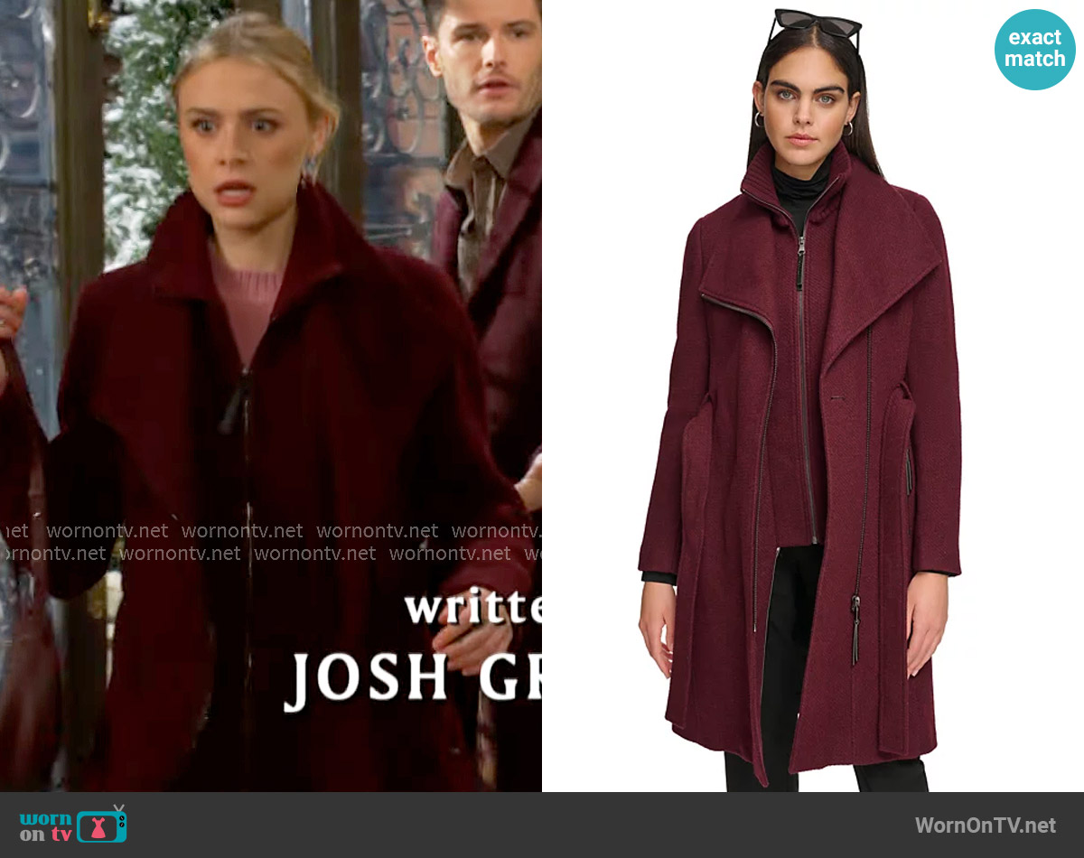 Calvin Klein Wool Blend Belted Wrap Coat in Chianti worn by Claire Grace (Hayley Erin) on The Young and the Restless