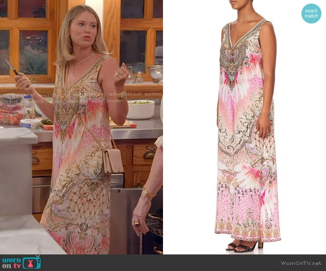 Camilla V Neck Flared Jumpsuit in Deco darling worn by Amanda Frances on The Real Housewives of Beverly Hills