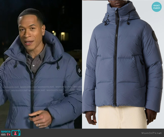 Canada Goose Crofton Puffer EnduraLuxe Black Label in Ozone Blue worn by Alex Perez on Good Morning America