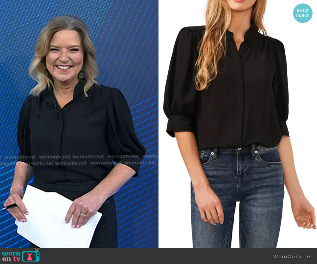 Cece Puff Sleeve Button-Up Shirt in Rich Black worn by Christine Romans on Today