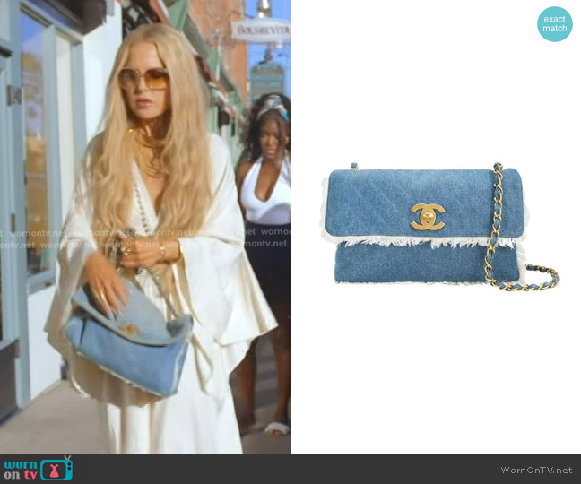 Chanel Fringe Quilted Jumbo Falp Bag in Blue Denim worn by Rachel Zoe on The Real Housewives of Beverly Hills