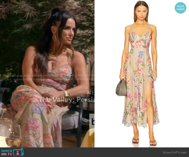 Charo Ruiz Ibiza Iraso Long Dress in Olive Botanic worn by Kyle Richards on The Real Housewives of Beverly Hills