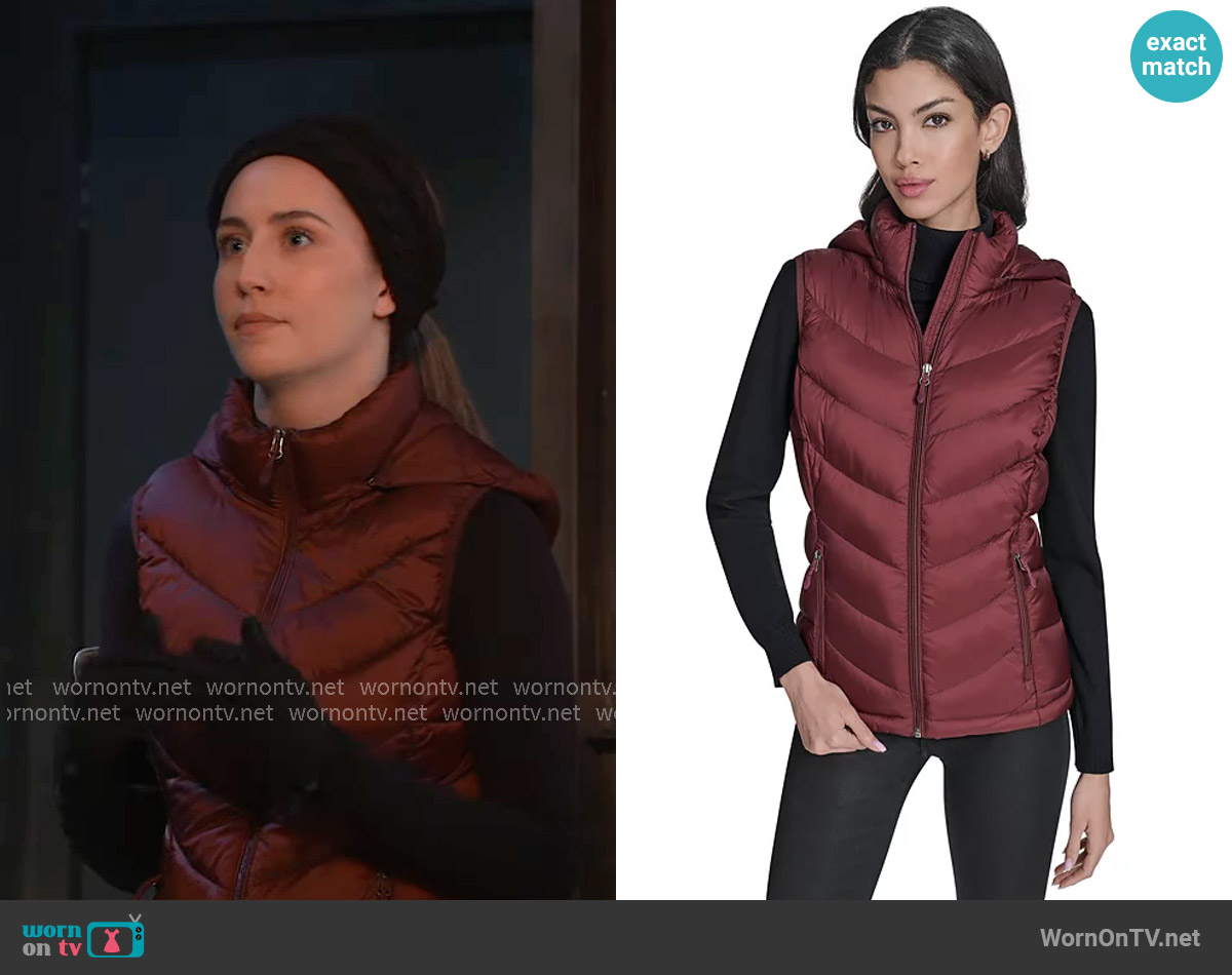 Charter Club Packable Hooded Puffer Vest in Red Brick worn by Josslyn Jacks (Eden McCoy) on General Hospital