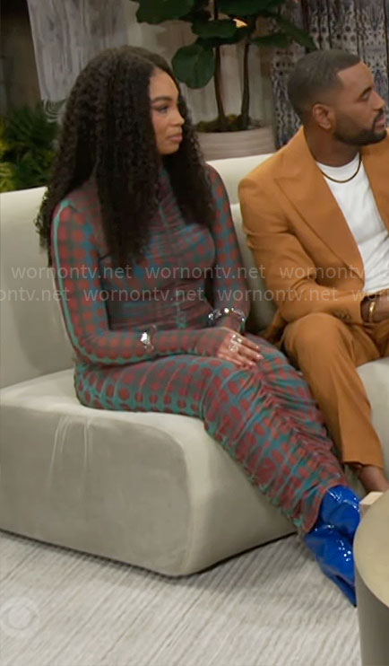 Chelea’s ruched dot- print maxi dress on Beyond the Gates