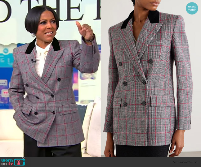 Chloe Double-breasted velvet-trimmed checked wool blazer worn by Tamron Hall on Tamron Hall Show