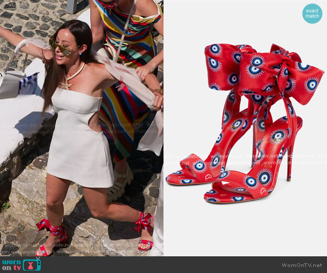 Christian Louboutin Sandale Du Désert 100 satin sandals worn by Angie Katsanevas on The Real Housewives of Salt Lake City