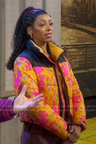 Christiani Pitts’s orange floral down jacket on Good Morning America