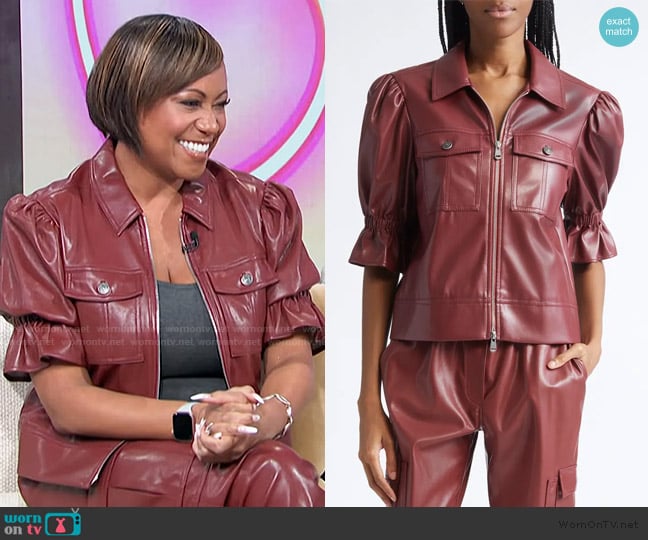 Cinq a Sept Holly Ruffle Faux Leather Jacket worn by Monique Kelley on Access Hollywood