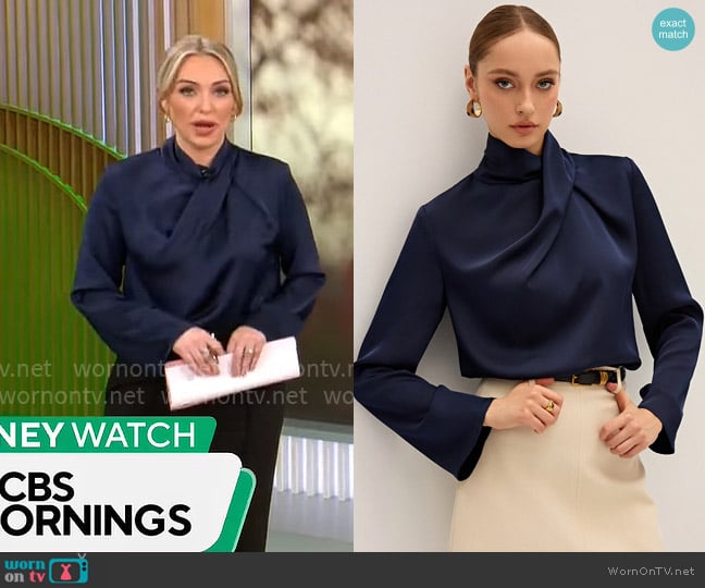 Commense Satin Draped High Neck Blouse in Navy worn by Kelly O'Grady on CBS Mornings
