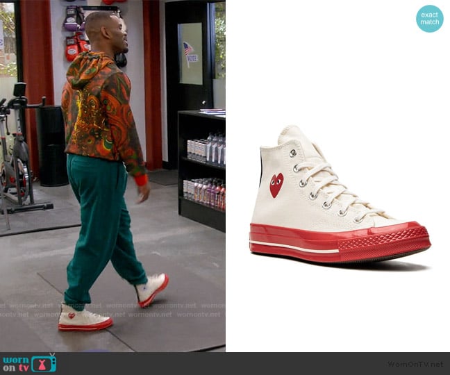 Converse X CdG Play Chuck 70 High Pristine Red sneakers worn by Bernard Upshaw Jr (Jermelle Simon-Jones) on The Upshaws