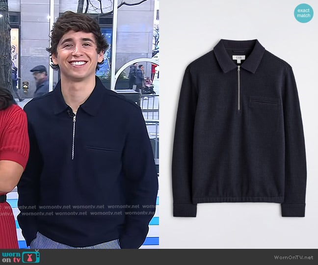 Cos Boiled Wool Zip-Up Polo Sweater in Navy worn by Marcello Hernández on Today