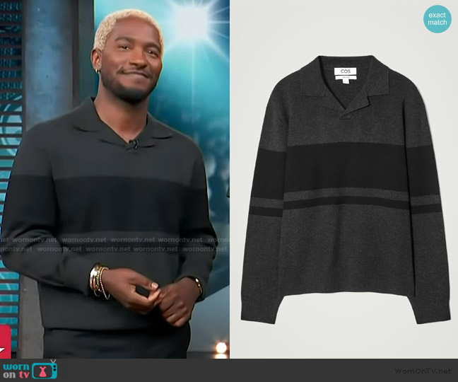 Cos Striped Double-Faced Knitted Polo Shirt worn by Scott Evans on Access Hollywood
