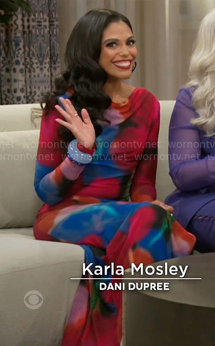 Dani’s blue and red printed mesh dress on Beyond the Gates