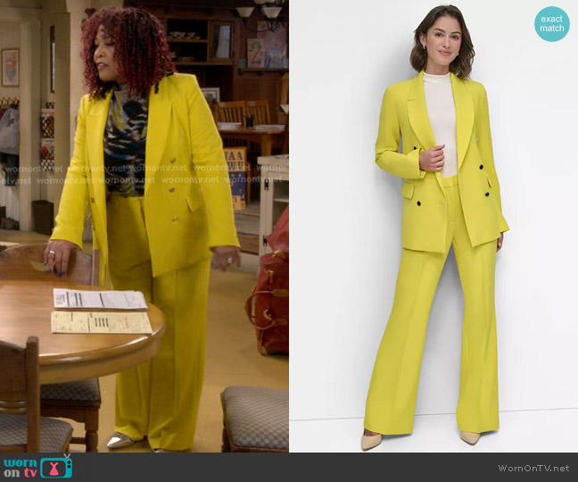 DKNY Classic Double-Breasted Blazer in acid yellow worn by Althea Turner (Kym Whitley) on The Upshaws
