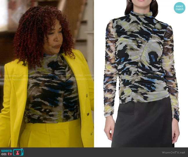 DKNY Printed Ruched Mesh Top worn by Althea Turner (Kym Whitley) on The Upshaws