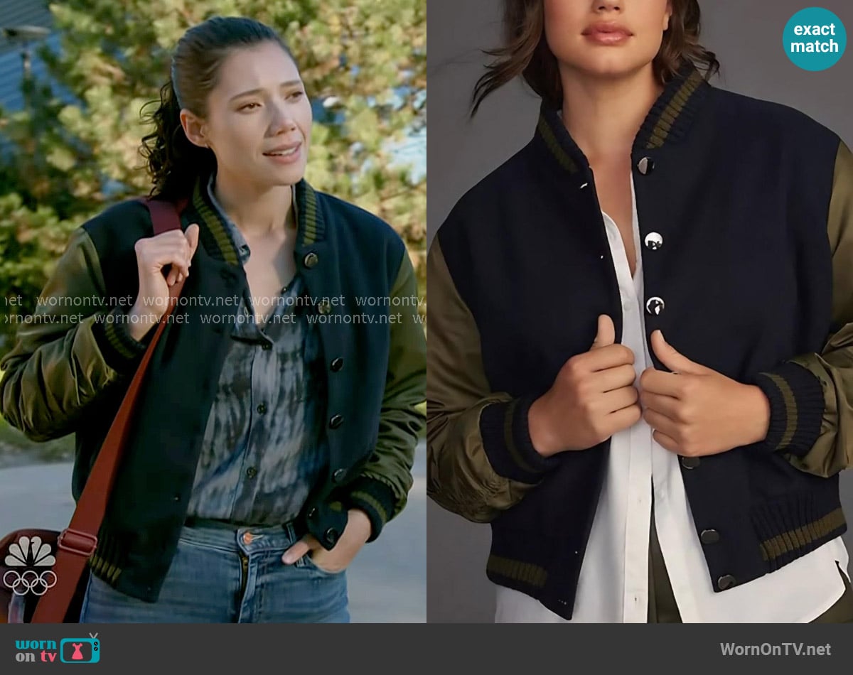 Dolan Varsity Jacket worn by Violet Mikami (Hanako Greensmith) on Chicago Fire