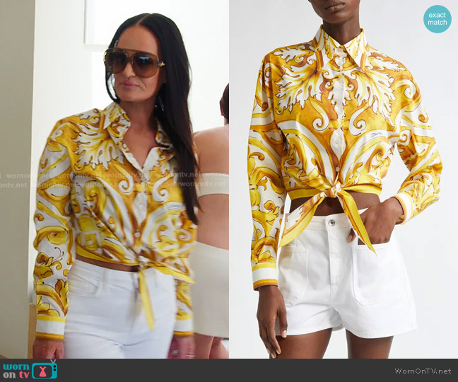 dolce & Gabbana Majolica Tie Hem Cotton Button-Up Shirt worn by Lisa Barlow on The Real Housewives of Salt Lake City