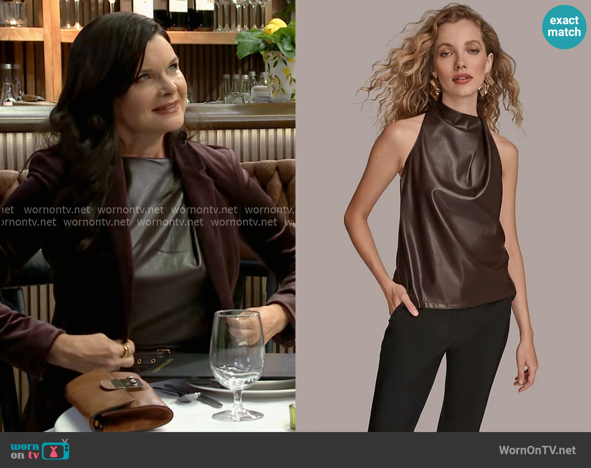 Donna Karan Faux Leather Sleeveless Top in Chocolate Plum worn by Katie Logan (Heather Tom) on The Bold and the Beautiful
