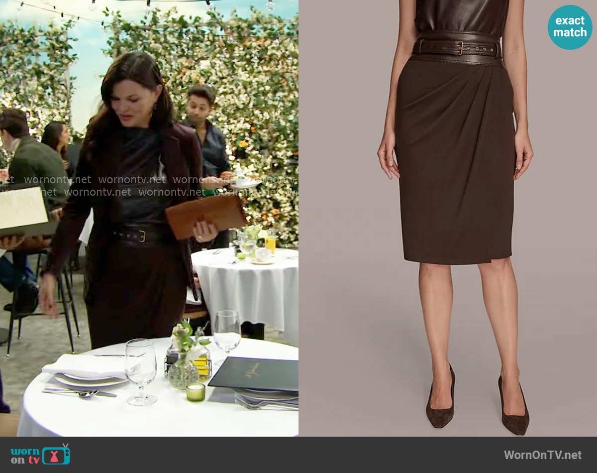 Donna Karan Faux Leather Trim Belted Pencil Skirt in Chocolate Plum worn by Katie Logan (Heather Tom) on The Bold and the Beautiful