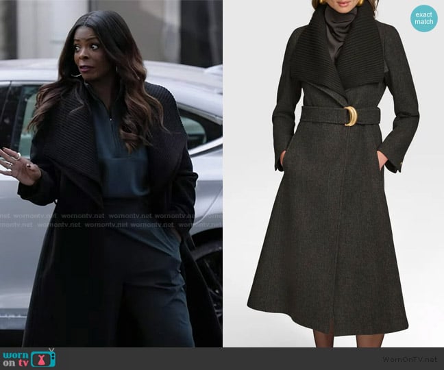Donna Karan New York Rib Belted Wool Blend Wrap Coat with Bib worn by Ava Coleman (Janelle James) on Abbott Elementary