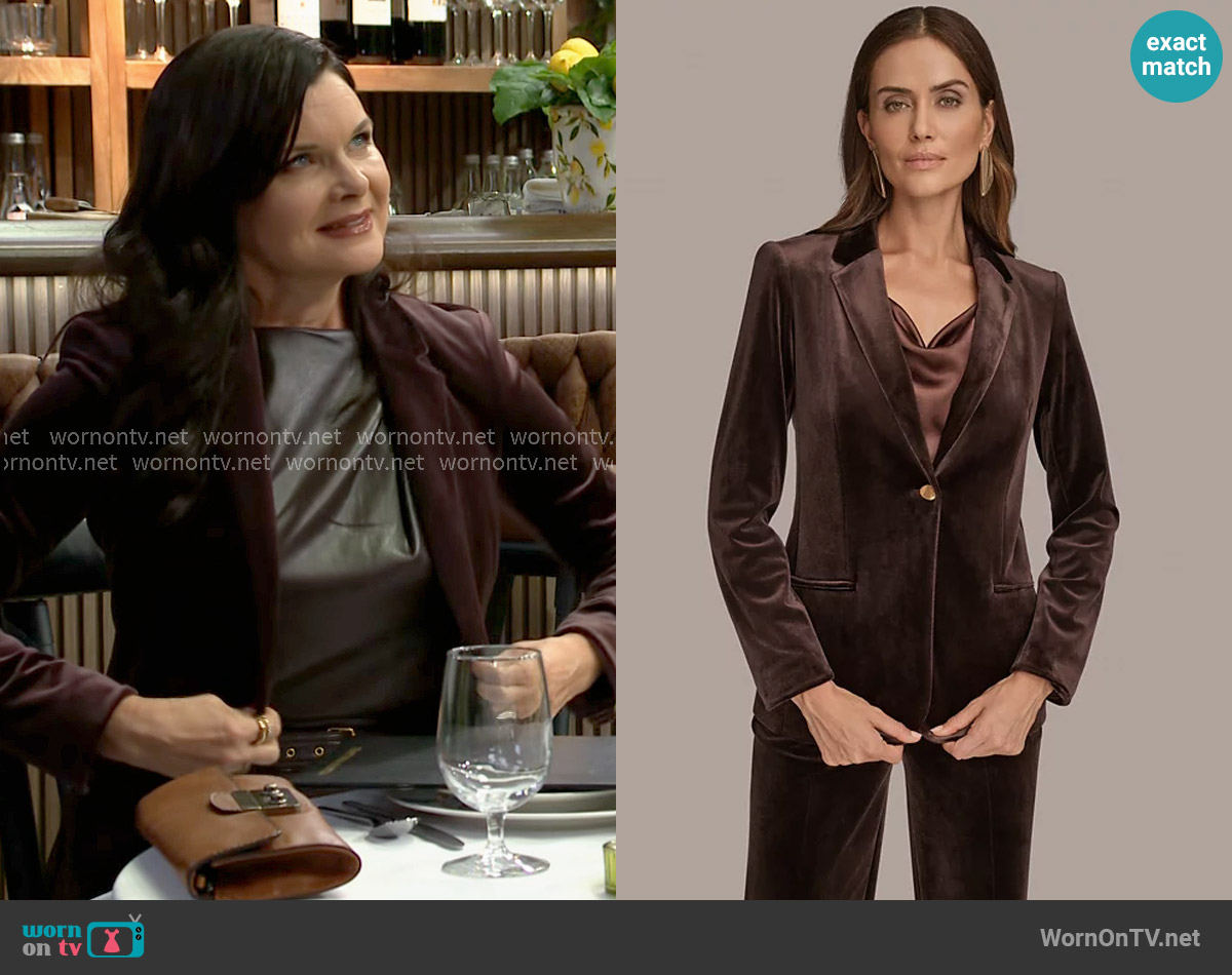 Donna Karan Velvet One-Button Jacket in Chocolate Plum worn by Katie Logan (Heather Tom) on The Bold and the Beautiful