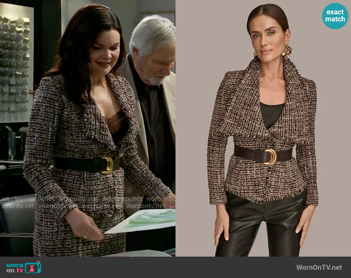 Donna Karan Wide Lapel Collar Belted Tweed Blazer worn by Katie Logan (Heather Tom) on The Bold and the Beautiful
