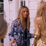 Dorit’s blue printed jacket and pants on The Real Housewives of Beverly Hills