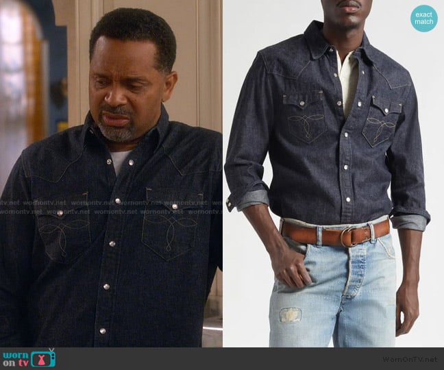 Double RL Buffalo West Slim Fit Denim Western Snap-Up Shirt worn by Bernard Upshaw (Mike Epps) on The Upshaws