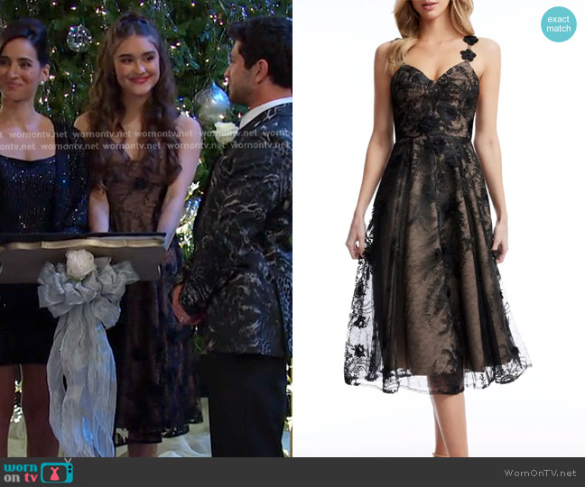 Dress the Population Maren Floral Lace Cocktail Midi Dress in Black-Beige worn by Arianna Horton (Marissa Reyes) on Days of our Lives