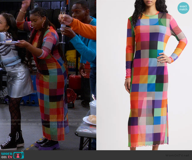 Dressed in Lala Mad About You Long Sleeve Mesh Midi Dress worn by Savannah (Daria Johns) on The Upshaws