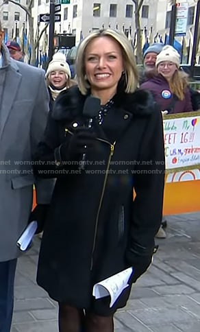 Dylan’s black fur collar zip coat on Today