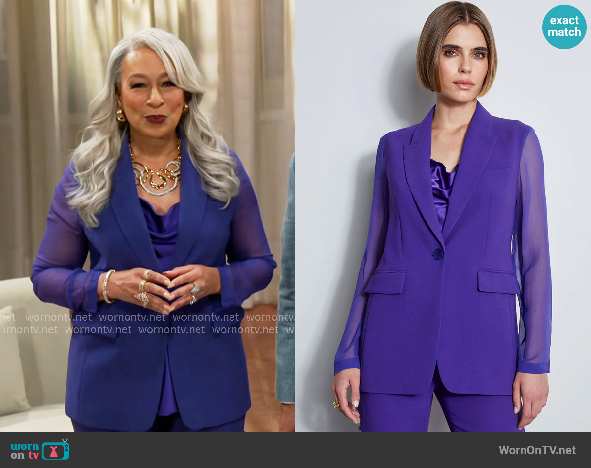 Elie Tahari Chiffon Combo Crepe Blazer in Grape worn by Anita Dupree (Tamara Tunie) on Beyond the Gates