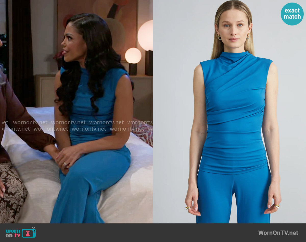 Elie Tahari Draped Jersey Knit in Ocean worn by Dani Dupree (Karla Mosley) on Beyond the Gates
