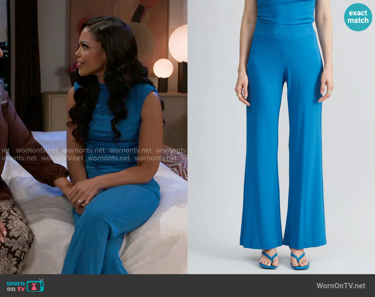 Elie Tahari Matte Jersey Wide Leg Pant in Ocean worn by Dani Dupree (Karla Mosley) on Beyond the Gates