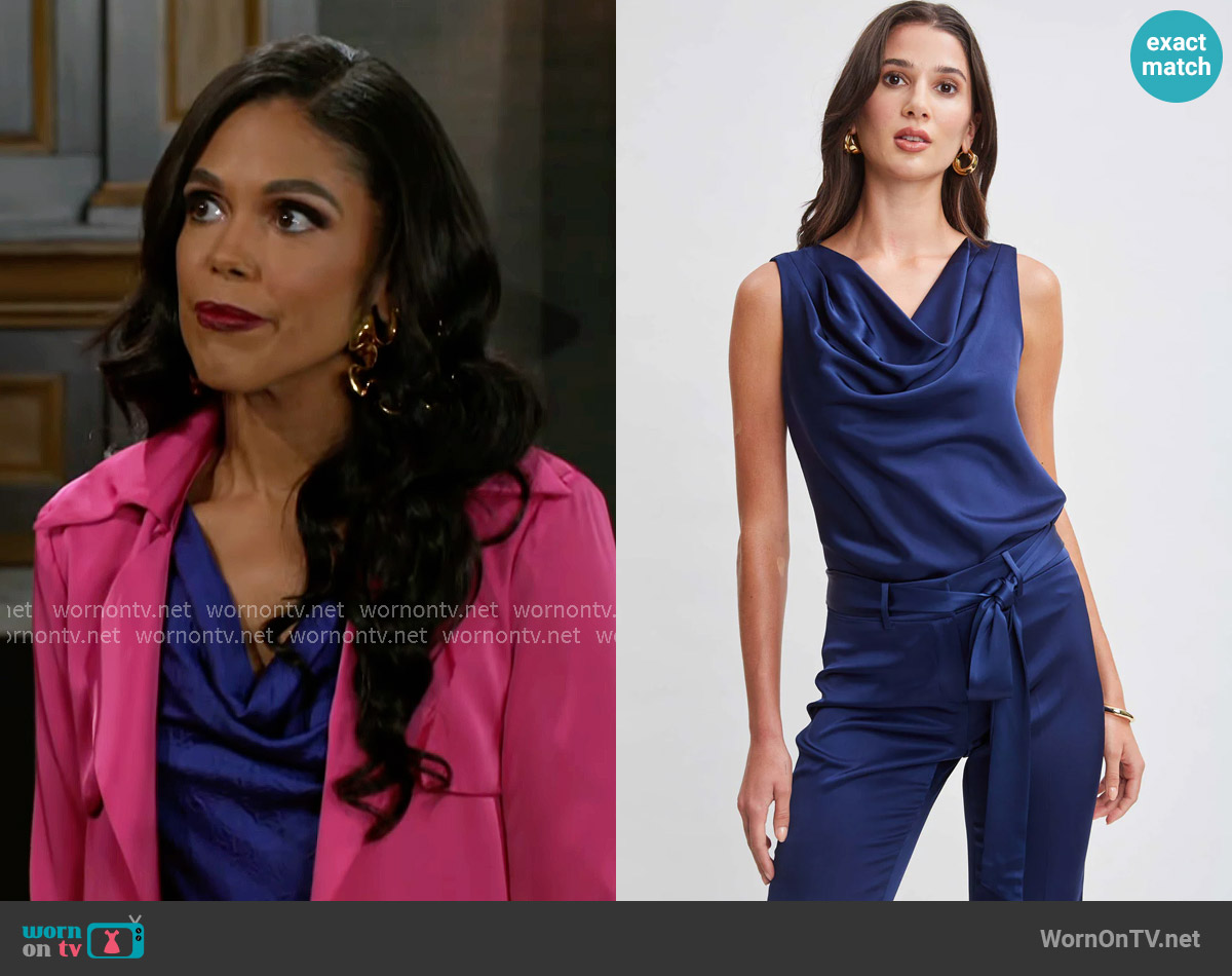 Elie Tahari Satin Cowl Top worn by Dani Dupree (Karla Mosley) on Beyond the Gates