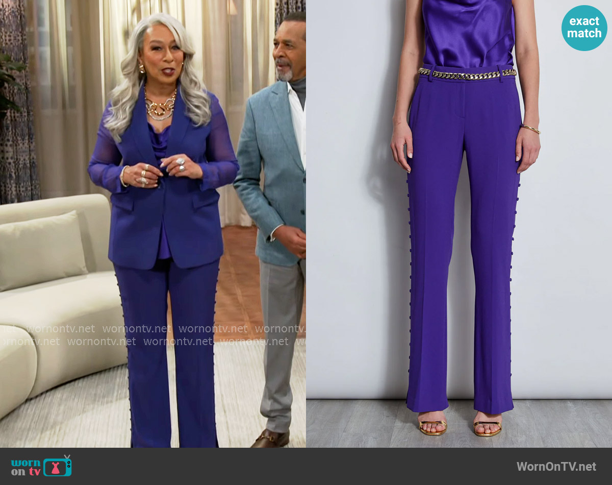 Elie Tahari Side Button Crepe Pant in Grape worn by Anita Dupree (Tamara Tunie) on Beyond the Gates