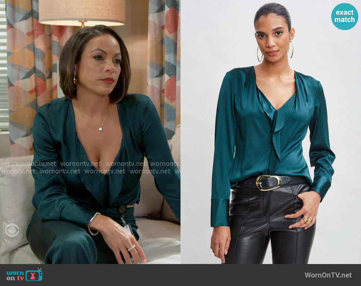 Elie Tahari Silk Satin Contour Ruffle Shirt worn by Nicole Dupree Richardson (Daphnee Duplaix) on Beyond the Gates