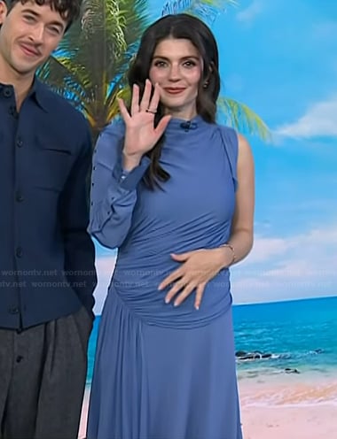 Emily Bader’s blue one sleeve gathered dress on Today