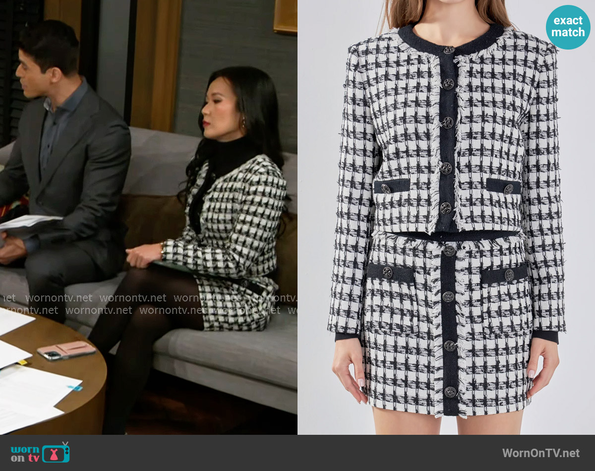 Endless Rose Premium Cropped Tweed Jacket with Fringe worn by Caroline Lee (Ellie Wang) on Beyond the Gates