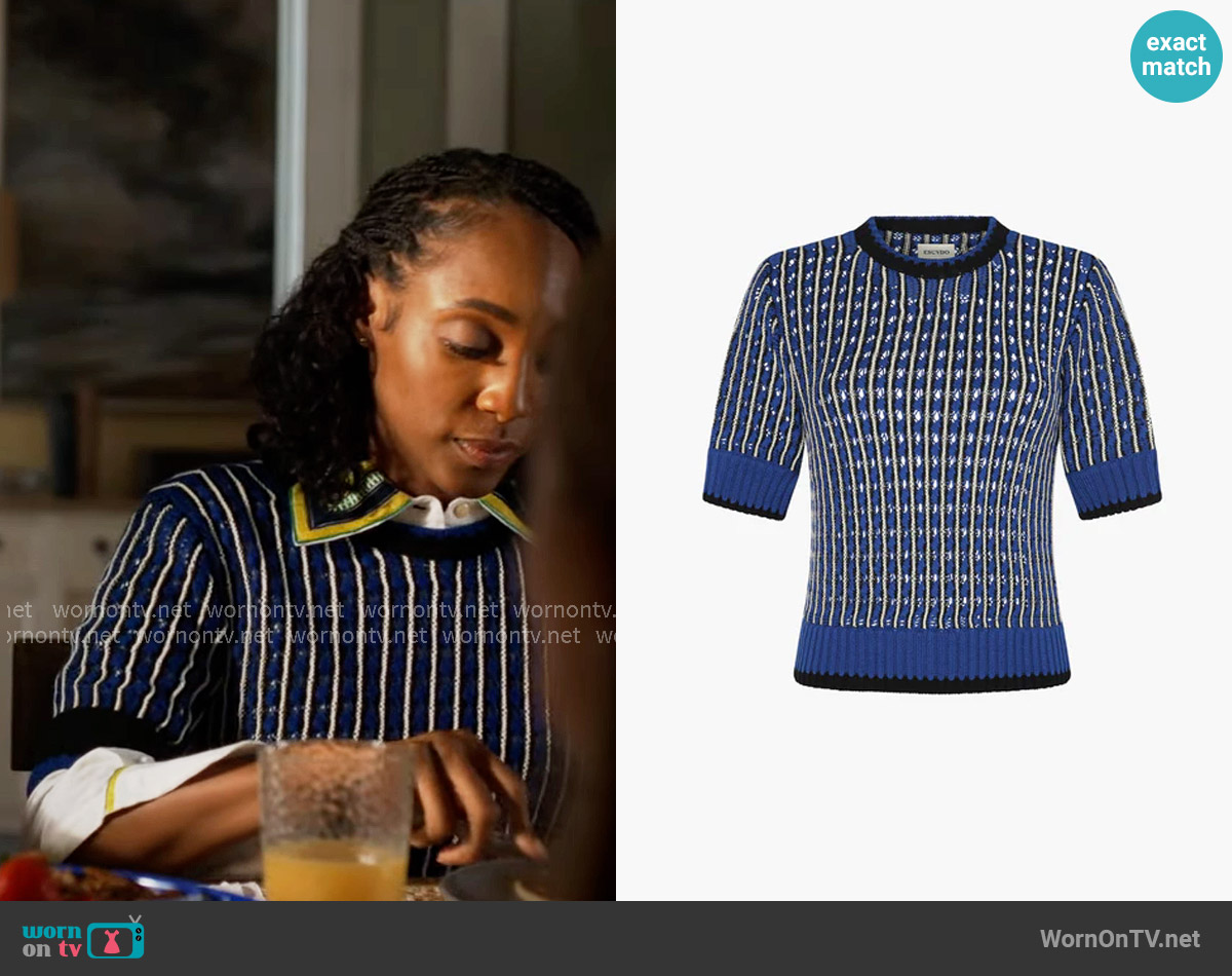 Escvdo Apu Knitted Top in Electric Blue - Black worn by Faith Mitchell (Iantha Richardson) on Will Trent
