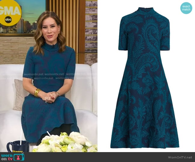Etro Paisley A-Line Knit Midi-Dress in Petroleum worn by Rebecca Jarvis on Good Morning America