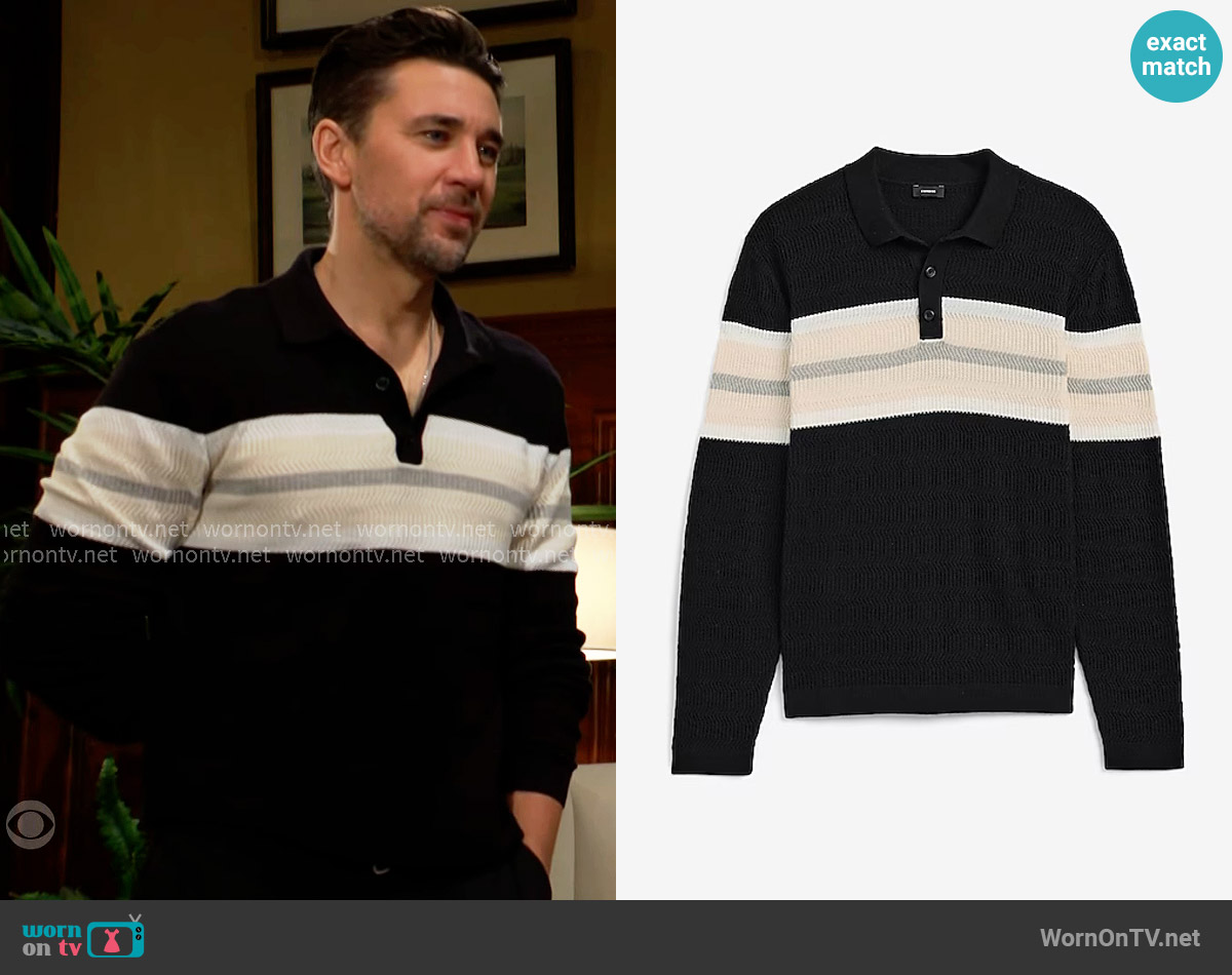 Express Varsity Striped Textured Knit Sweater Polo worn by Cane Ashby (Billy Flynn) on The Young and the Restless