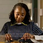 Faith’s blue striped sweater and embroidered shirt on Will Trent