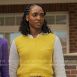 Faith’s yellow sweater vest, striped pants and embroidered shirt on Will Trent