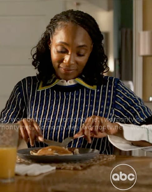Faith’s blue striped sweater and embroidered shirt on Will Trent