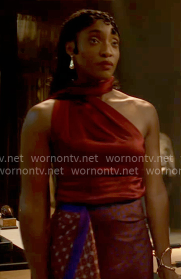 Faith’s red one-shoulder top and printed skirt on Will Trent