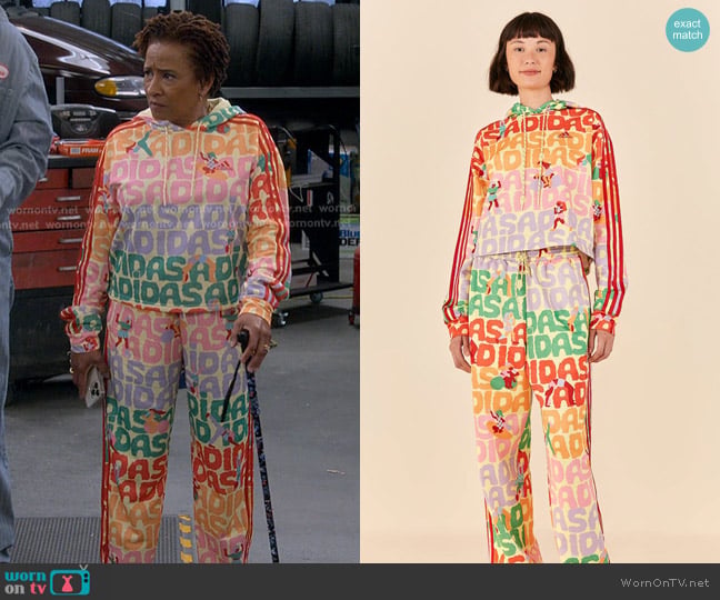 Farm Rio x Adidas Hoodie in pearl citrine worn by Lucretia Turner (Wanda Sykes) on The Upshaws