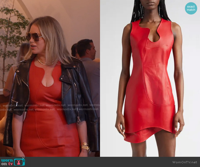 Ferragamo Asymmetric Leather Minidress in New Red worn by Amanda Frances on The Real Housewives of Beverly Hills